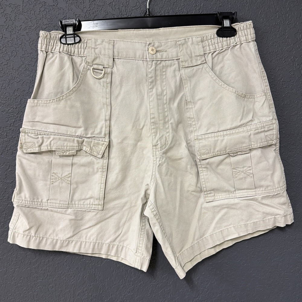 Hook & Tackle Beer Can Cargo Fishing Shorts Sz 34 Sand 100% Cotton 7" Inseam